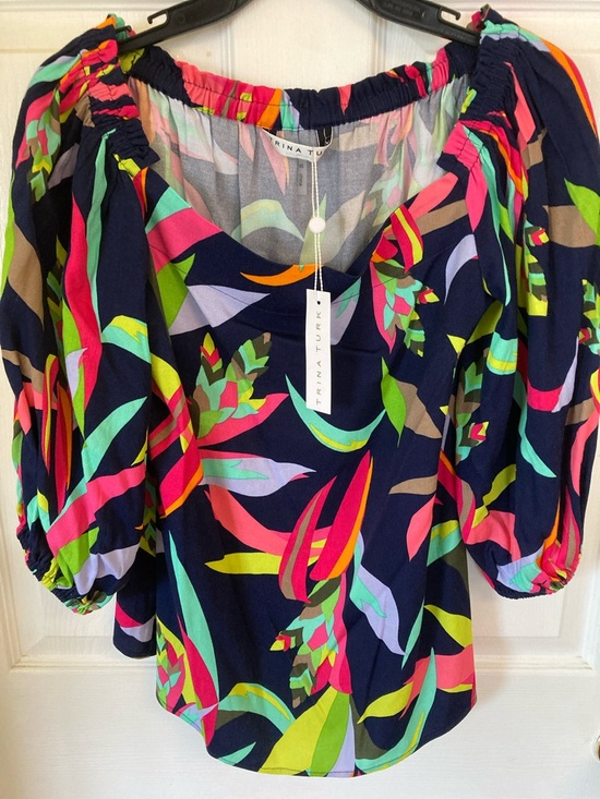 Trina Turk Tops - Trina Turk Navy Multicolor Floral Off-Shoulder Puff Sleeve Top